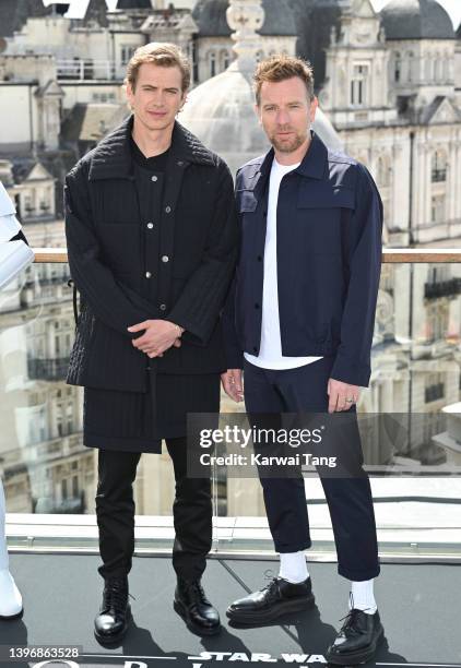 Hayden Christensen and Ewan McGregor attend the "Obi-Wan Kenobi" photocall at the Corinthia Hotel London on May 12, 2022 in London, England.