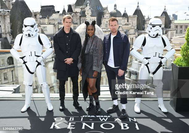 Hayden Christensen, Moses Ingram and Ewan McGregor attend the "Obi-Wan Kenobi" photocall at the Corinthia Hotel London on May 12, 2022 in London,...