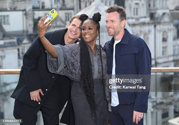 Hayden Christensen, Moses Ingram and Ewan McGregor attend the "Obi-Wan Kenobi" photocall at the Corinthia Hotel London on May 12, 2022 in London,...