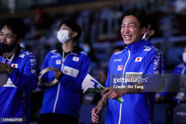 Kento Momota of Japan cheers during the match between Japan and Chinese Taipei during day five of the BWF Thomas and Uber Cup Finals at Impact Arena...