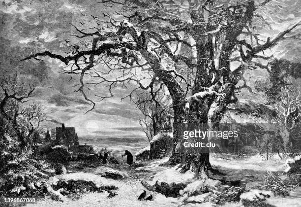 winter landscape with small village, a lonely woman and a cemetery - evergreen cemetery stock illustrations