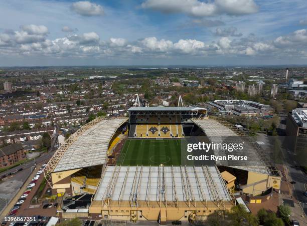 An aerial view of Molineux Stadium, the home ground of Wolverhampton Wanderers Football Club, on April 19, 2022 in Wolverhampton, England.