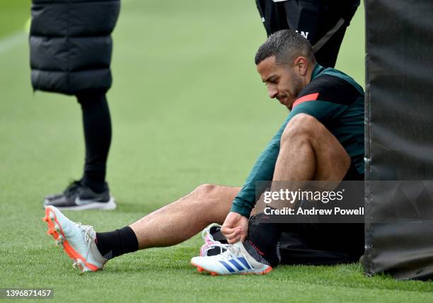 Thiago Alcantara of Liverpool during a training session at AXA Training Centre on May 12, 2022 in Kirkby, England.