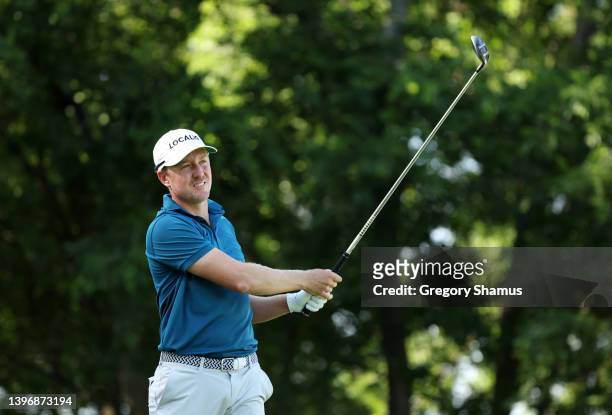 Jonas Blixt of Sweden plays his shot from the fifth tee during the first round of the AT&T Byron Nelson at TPC Craig Ranch on May 12, 2022 in...