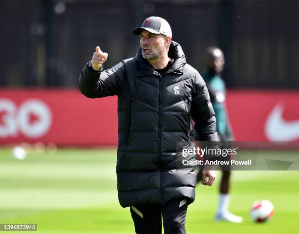 Jurgen Klopp manager of Liverpool during a training session at AXA Training Centre on May 12, 2022 in Kirkby, England.