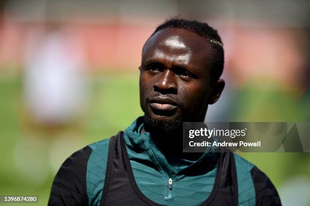 Sadio Mane of Liverpool during a training session at AXA Training Centre on May 12, 2022 in Kirkby, England.