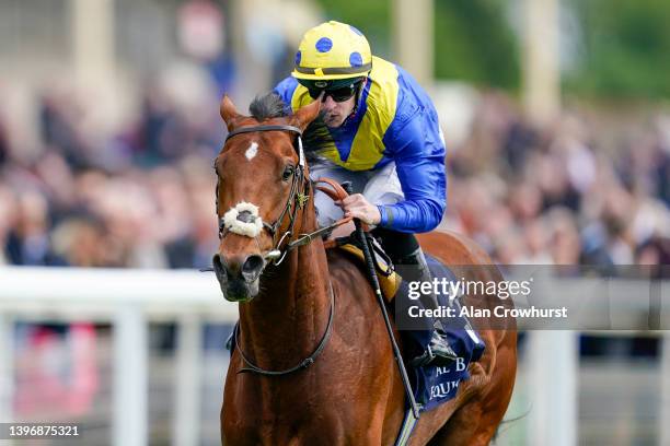 Richard Kingscote riding Desert Crown win The Al Basti Equiworld Dubai Dante Stakes at York Racecourse on May 12, 2022 in York, England.