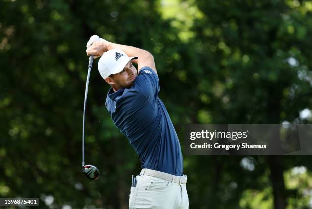 Aaron Wise plays his shot from the fifth tee during the first round of the AT&T Byron Nelson at TPC Craig Ranch on May 12, 2022 in McKinney, Texas.