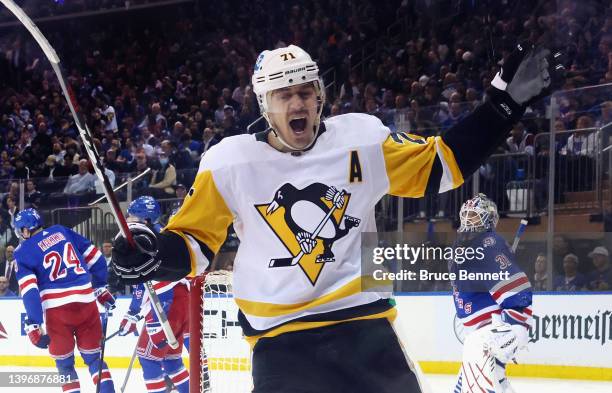 Evgeni Malkin of the Pittsburgh Penguins skates against the New York Rangers in Game Five of the First Round of the 2022 Stanley Cup Playoffs at...