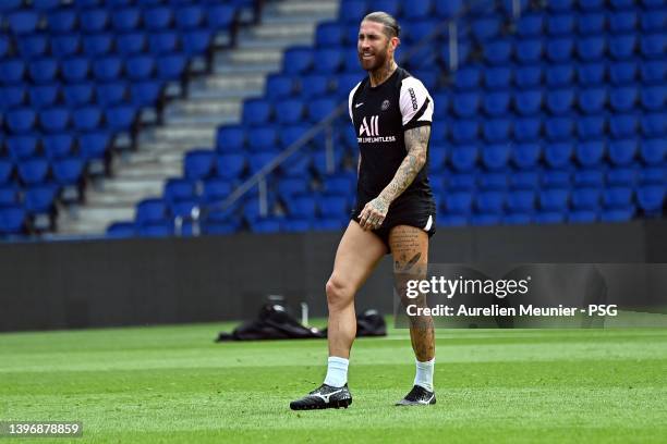 Sergio Ramos looks on during a Paris Saint-Germain training session at Parc des Princes on May 12, 2022 in Paris, France.