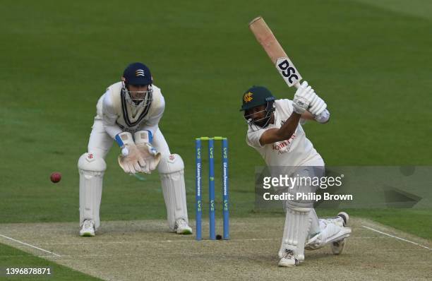 Haseeb Hameed of Nottinghamshire bats watched by John Simpson of Middlesex during the LV= Insurance County Championship match between Middlesex and...