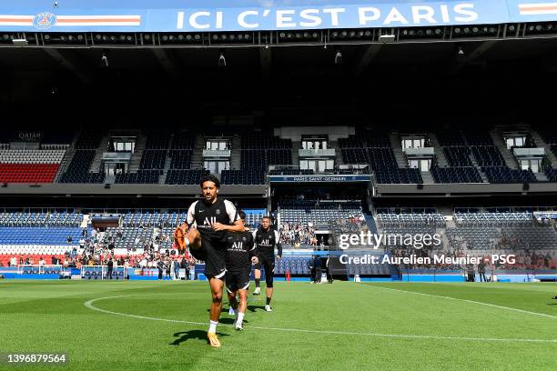 Marquinhos warms up during a Paris Saint-Germain training session at Parc des Princes on May 12, 2022 in Paris, France.