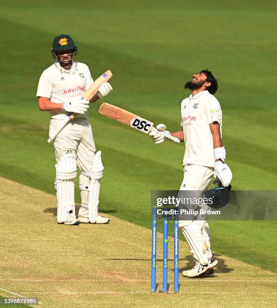 Haseeb Hameed of Nottinghamshire celebrates after reaching his century during the LV= Insurance County Championship match between Middlesex and...