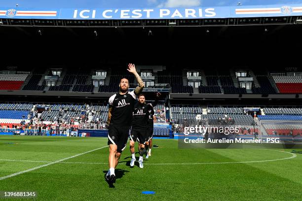 Sergio Ramos warms up during a Paris Saint-Germain training session at Parc des Princes on May 12, 2022 in Paris, France.