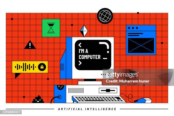 retro style desktop computer, colorful vector illustration with icons and popups around it. - pop up store stock illustrations