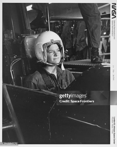 American astronaut and physicist Sally Ride prepares for a simulated ejection during a training exercise at the survival training school for...