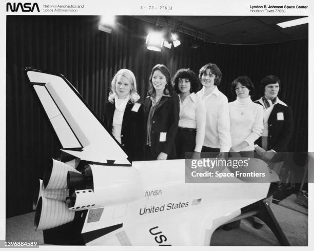 First women to be named by NASA as astronaut candidates, Rhea Seddon, Anna L Fisher, Judith Resnik, Shannon Lucid, Sally Ride, and Kathryn Sullivan,...
