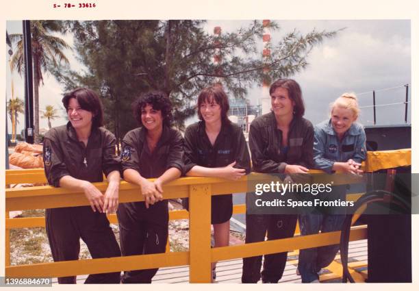 American astronauts Sally Ride, Judith Resnik, Anna Lee Fisher, Kathryn D Sullivan, Rhea Seddon at water survival training near Homestead Air Force...