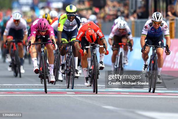 Arnaud Demare of France and Team Groupama - FDJ Purple Points Jersey, Hailu Biniam Girmay of Eritrea and Team Intermarché - Wanty - Gobert Matériaux,...