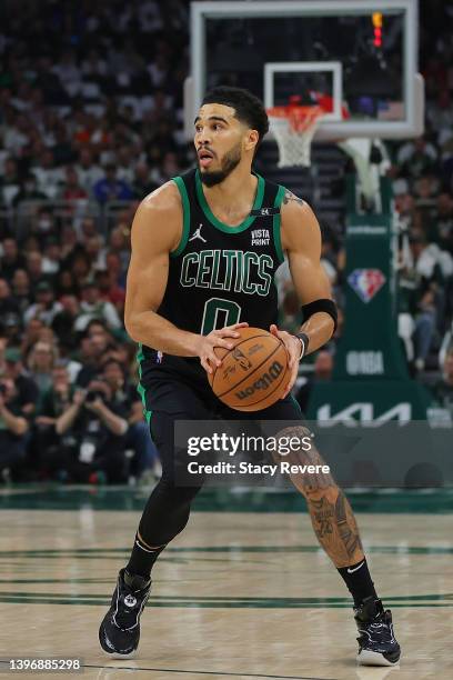 Jayson Tatum of the Boston Celtics handles the ball against the Milwaukee Bucks during Game Four of the Eastern Conference Semifinals at Fiserv Forum...