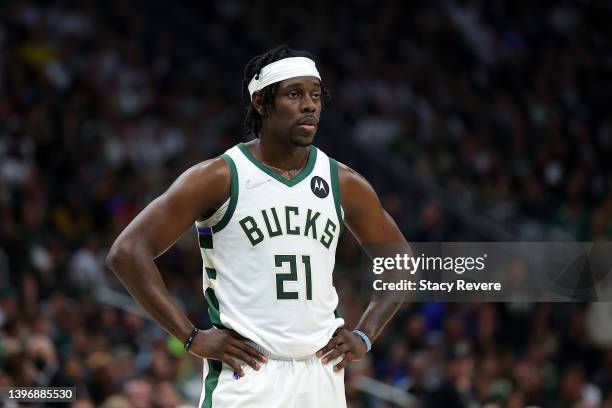 Jrue Holiday of the Milwaukee Bucks looks to the bench during Game Four of the Eastern Conference Semifinals against the Boston Celtics at Fiserv...