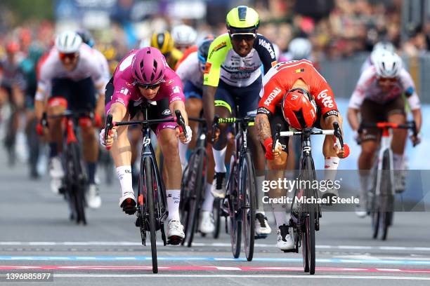 Arnaud Demare of France and Team Groupama - FDJ Purple Points Jersey, Hailu Biniam Girmay of Eritrea and Team Intermarché - Wanty - Gobert Matériaux...