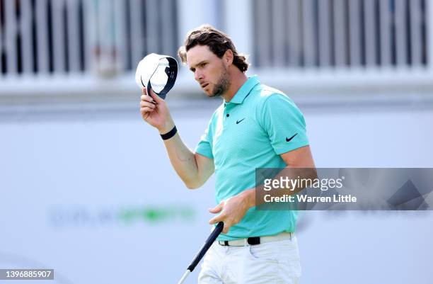Thomas Pieters of Belgium acknowledges the crowd on the 18th green during Day One of the Soudal Open at Rinkven International Golf Club on May 12,...