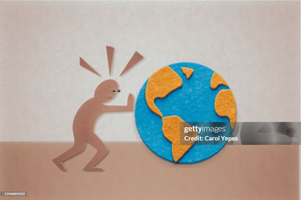 Digital generated imagen men figurine pushing globe