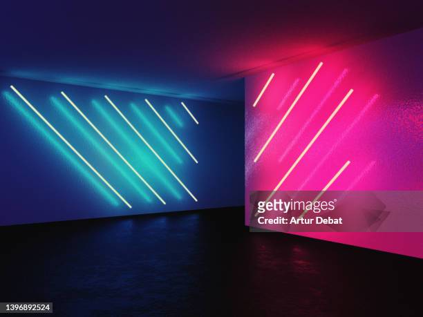 digital indoor background with red and blue neon illumination. - installation art stock pictures, royalty-free photos & images