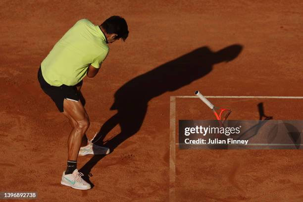 Cristian Garin of Chile smaches his racket during the Men's Singles Round 3 match against Marin Cilic of Croatia on day five of Internazionali BNL...