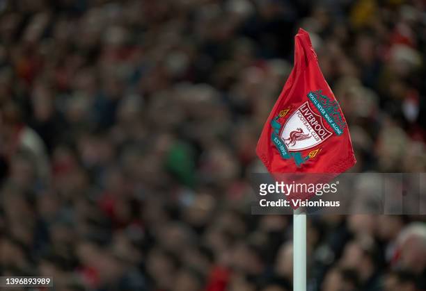 The Liverpool club crest on a corner flag during the Premier League match between Liverpool and Tottenham Hotspur at Anfield on May 7, 2022 in...