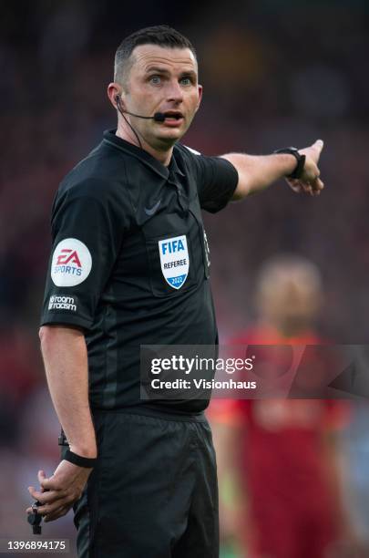 Referee Michael Oliver during the Premier League match between Liverpool and Tottenham Hotspur at Anfield on May 7, 2022 in Liverpool, United Kingdom.