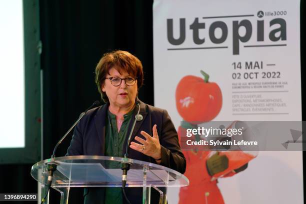 Lille's mayor Martine Aubry delivers a speech during press day of Lille 3000's 3rd edition "Utopia" exhibitions in the rambla of Faidherbe street on...