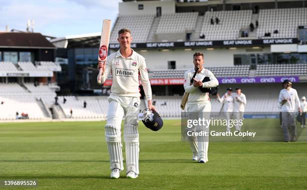 Keaton Jennings of Lancashire salutes the crowd as he leaves the field at stumps on day one of the LV= Insurance County Championship match between...