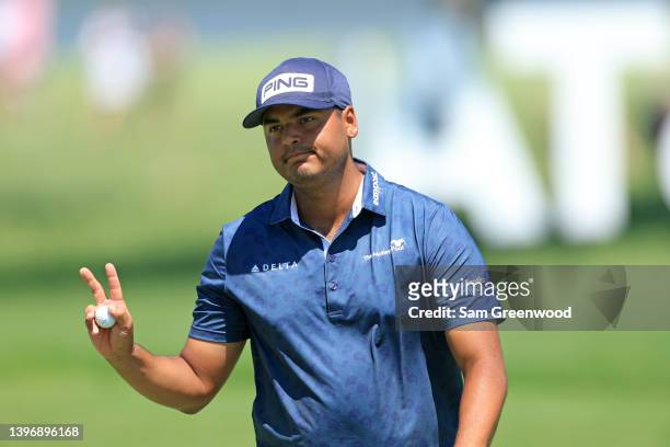 Sebastian Munoz of Colombia reacts to his birdie on the 16th green during the first round of the AT&T Byron Nelson at TPC Craig Ranch on May 12, 2022...