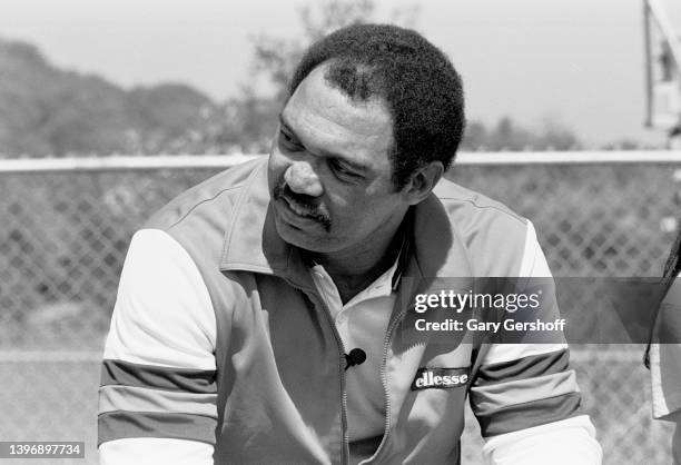 View of American baseball player Reggie Jackson during the filming of an episode of 'Reggie Jackson's Wide World of Sports,' Greenwich, Connecticut,...