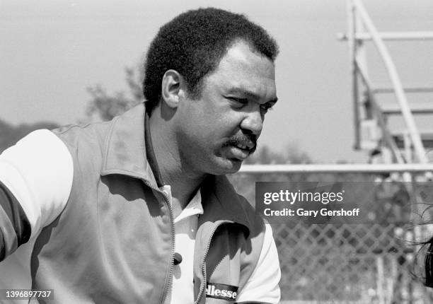 View of American baseball player Reggie Jackson during the filming of an episode of 'Reggie Jackson's Wide World of Sports,' Greenwich, Connecticut,...