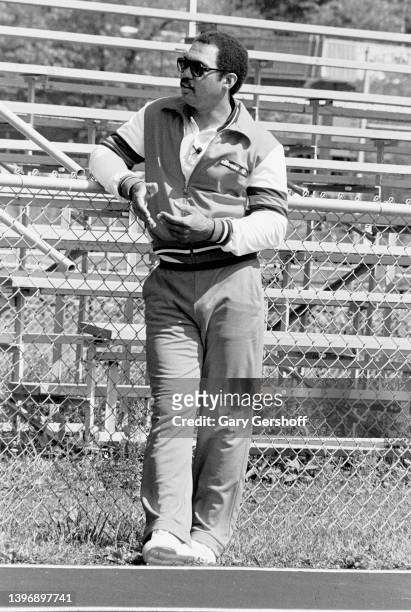 View of American baseball player Reggie Jackson during the filming of an episode of 'Reggie Jackson's Wide World of Sports,' Greenwich, Connecticut,...