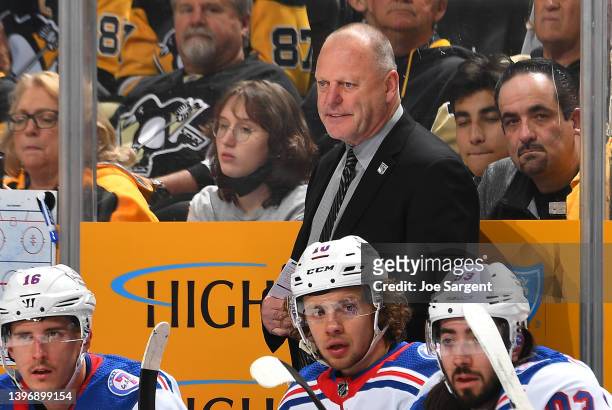 Head coach Gerard Gallant of the New York Rangers looks on against the Pittsburgh Penguins in Game Three of the First Round of the 2022 Stanley Cup...