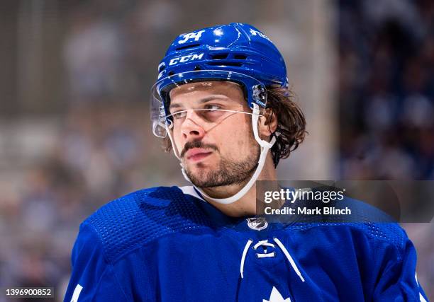 Auston Matthews of the Toronto Maple Leafs looks on against the Tampa Bay Lightning during the first period in Game Five of the First Round of the...