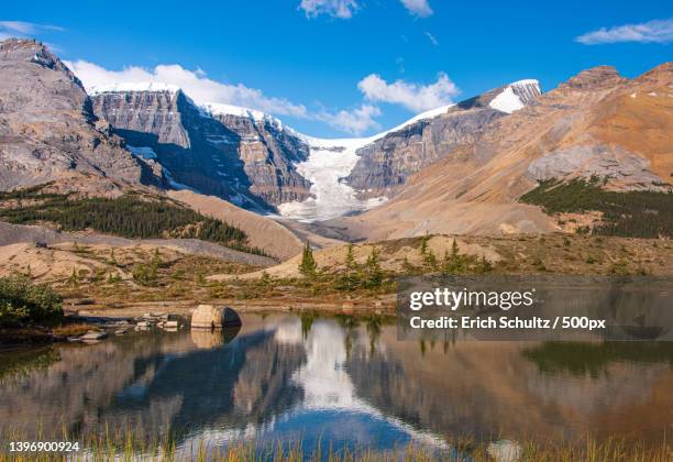 scenic view of lake and mountains against blue sky,banff,alberta,canada - moräne stock-fotos und bilder