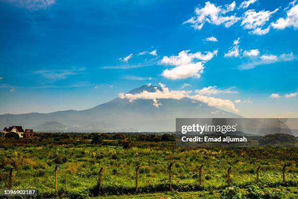 breathtaking view of mt. meru, karatu, tanzania - mt kilimanjaro stockfoto's en -beelden