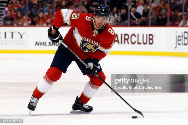 Ben Chiarot of the Florida Panthers skates with the puck against the Washington Capitals in Game Five of the First Round of the 2022 Stanley Cup...