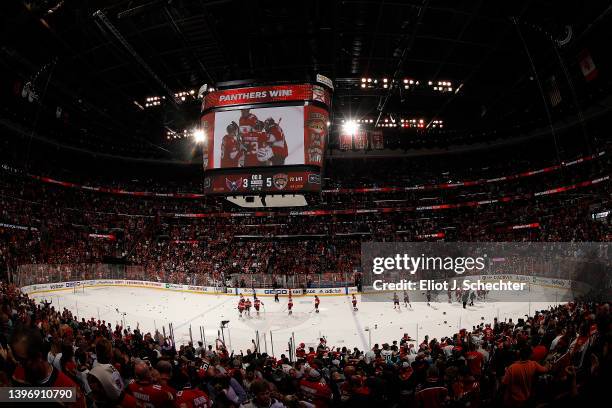 The Florida Panthers celebrate their 5-3 win over the Washington Capitals in Game Five of the First Round of the 2022 Stanley Cup Playoffs at the FLA...