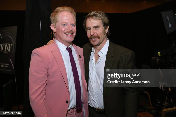 Jesse Tyler Ferguson and Sam Rockwell attend the 75th Annual Tony Awards Meet The Nominees Press Event at Sofitel New York on May 12, 2022 in New...