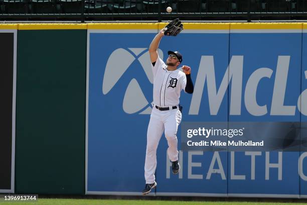 Austin Meadows of the Detroit Tigers catches a line drive for an out in the second inning at Comerica Park on May 12, 2022 in Detroit, Michigan.