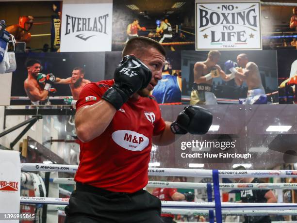 Boxer Liam Williams shadow boxing during a training session at his local boxing Gym on May 11, 2022 in Maerdy, Wales.