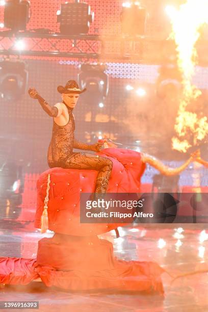 Achille Lauro performs on stage during the second semi-final of the 66th Eurovision Song Contest at Pala Alpitour on May 12, 2022 in Turin, Italy.