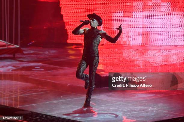 Achille Lauro performs on stage during the second semi-final of the 66th Eurovision Song Contest at Pala Alpitour on May 12, 2022 in Turin, Italy.