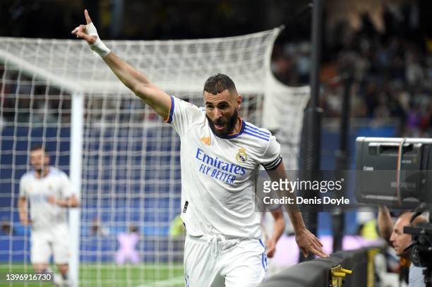 Karim Benzema of Real Madrid celebrates after scoring their side's second goal during the La Liga Santander match between Real Madrid CF and Levante...